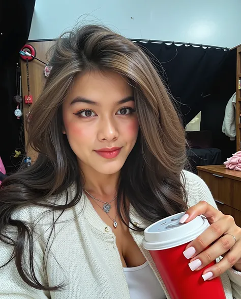 A cute young woman with long, straight black hair styled in a half-up ponytail with soft bangs framing her face. She has fair, glowing skin and expressive dark eyes. She’s wearing a simple silver heart necklace and a dark navy blue off-shoulder top with su...