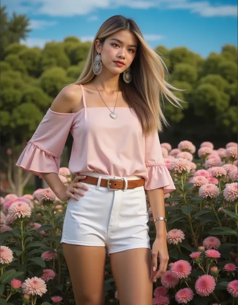 A cute young woman with long, straight black hair styled in a half-up ponytail with soft bangs framing her face. She has fair, glowing skin and expressive dark eyes. She’s wearing a simple silver heart necklace and a dark navy blue off-shoulder top with su...