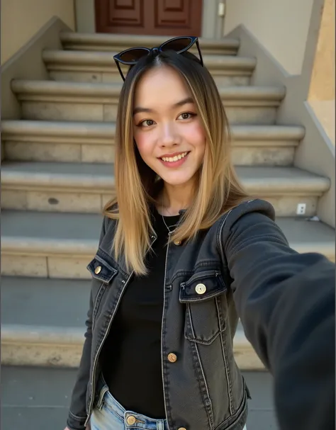 A cute young woman with long, straight black hair styled in a half-up ponytail with soft bangs framing her face. She has fair, glowing skin and expressive dark eyes. She’s wearing a simple silver heart necklace and a dark navy blue off-shoulder top with su...