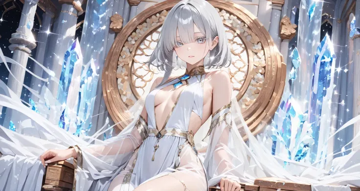 ((dramatic angle))、she is a very beautiful woman,gem、 See-through, ((gray hair、White eyelashes、A woman with a sacred vibe、long bangs)), ((One of her eyes is hidden by her bangs.))、small breasts、 The goddess seated on the altar of the temple、complicated, el...