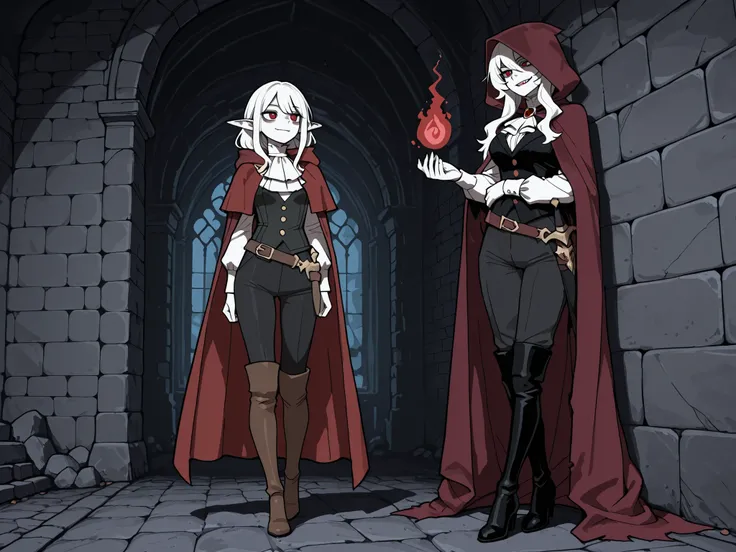 high quality, masterpiece, best quality, vampire noblewoman, mature female, white skin, tall elegant figure, pointed elf ears, haunting red eyes with white pupils, cold gaze, short tousled black hair, messy stylish bangs, mysterious smirk, flowing maroon c...