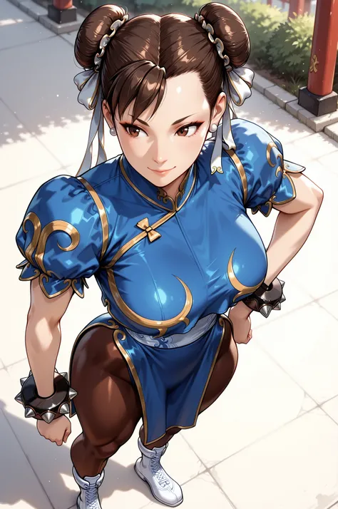 1 woman, ChunLi_XL, standing grinning, brown hair, Sf6 Chun-Li, mature woman, Double Pan, Pan cover, Blue China Dress , puffy sleeve, Short sleeve, spike bracelet, Black Bracelet, pantyhose, white boots, from above, speedline,  pixie background, Pay attent...