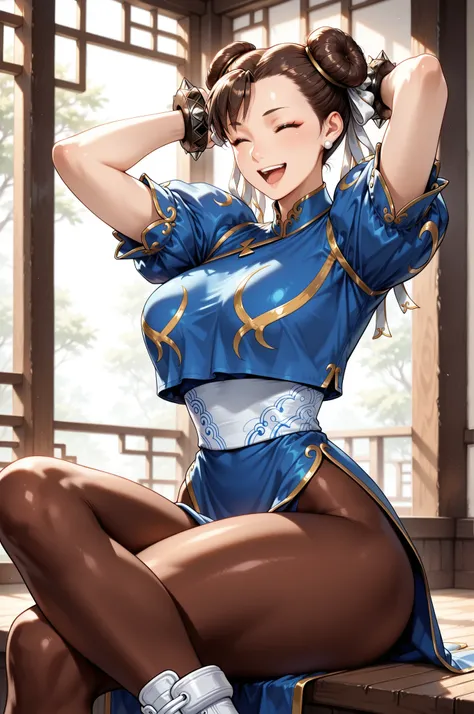 1 woman, ChunLi_XL, Cross-legged:1.2, laughing, brown hair, Sf6 Chun-Li, mature woman, Double Pan, Blue China Dress , puffy sleeve, Short sleeve, spike bracelet, Black Bracelet, pantyhose, white boots, arms behind their heads,  pixie background, Pay attent...