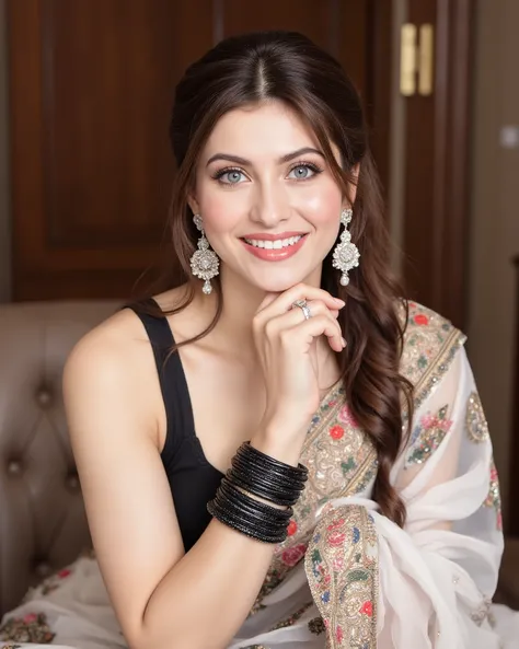 , Full body image of a 20-year-old Indian girl with smiling look, fair skin tone, light grey eyes, fox eyelashes, thin eyebrows, black eye liner, silver eyeshadow, natural blush, and red lipstick. Her hairs are long, brown, wavy and stylish. She is wearing...