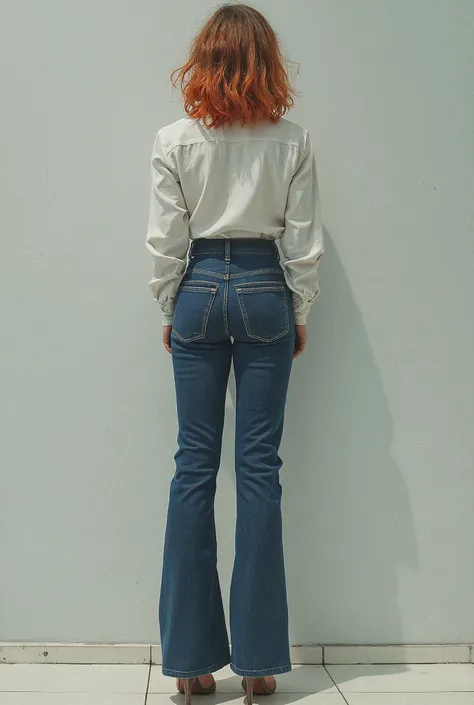 simple social retro adult anime comics illustration, minimalism, non-vanilla submissive needy for sexual release mom, navy blue washed high-waisted sexy extremely tight skinny flared jeans, sensation, attention grabbing composition, sensation, void room, c...