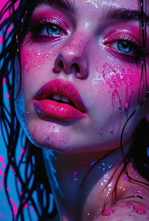 .Portrait of the lower part of the face and lips of a young woman with a wet face and hair in a close-up in the "vaperwave" style. The subject is positioned in the center of the image, at a slight angle. She has fair skin and looks about twenty years old. ...