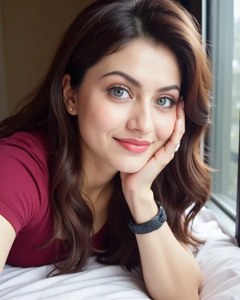 , Selfie of a 20-year-old Indian girl with smiling look, fair skin tone, light grey eyes, fox eyelashes, thin eyebrows, black eye liner, silver eyeshadow, natural blush, and red lipstick. Her hairs are long, brown, wavy and frames her face and flows over h...