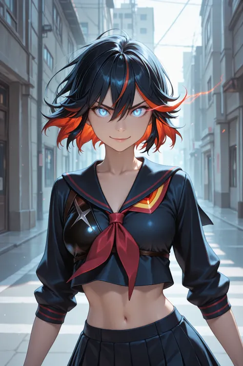 matoi ryuuko, multicolored hair, short hair, black hair, solo, streaked hair, 1girl, multicolored hair, black hair, solo, short hair, blue eyes, red hair, streaked hair, school uniform, midriff, serafuku, gew, glowing eyes, eye trail, the girl is very beau...