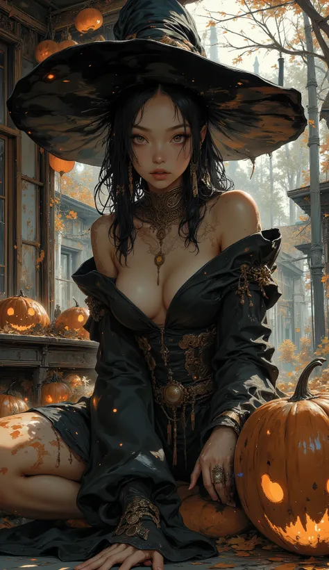 a beautiful witch in a sexy outfit and lounging pose, low angle photograph, jack-o-lanterns,high quality,professional portrait photography,chiaroscuro lighting,dark moody atmosphere,intricate details,cinematic composition,dramatic shadows,autumn colors,hau...