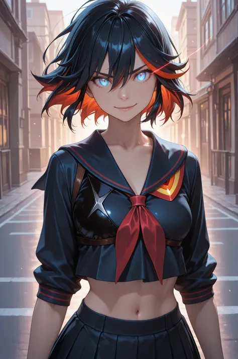 matoi ryuuko, multicolored hair, short hair, black hair, solo, streaked hair, 1girl, multicolored hair, black hair, solo, short hair, blue eyes, red hair, streaked hair, school uniform, midriff, serafuku, gew, glowing eyes, eye trail, the girl is very beau...