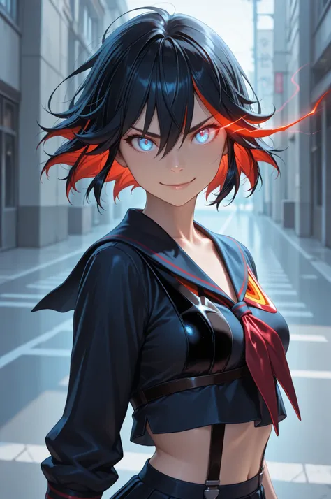 matoi ryuuko, multicolored hair, short hair, black hair, solo, streaked hair, 1girl, multicolored hair, black hair, solo, short hair, blue eyes, red hair, streaked hair, school uniform, midriff, serafuku, gew, glowing eyes, eye trail, the girl is very beau...
