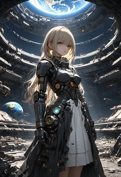 ((The Forgotten Woman Android))，Abandoned Space Station,Ruins on one side，woman standing with her eyes open android,Night sky with a view of the big Earth,Blue Earth，astronauts standing up，((cowboy shot))，comet,meteor、空から降り注ぐmeteor、無数のmeteor群、4k,High Quali...