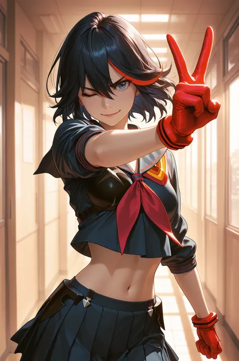 matoi ryuuko, multicolored hair, short hair, black hair, solo, streaked hair, 1girl, multicolored hair, black hair, solo, short hair, blue eyes, red hair, streaked hair, school uniform, midriff, serafuku, the girl is very beautiful, the girl has an incredi...