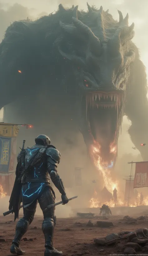 ultra-detailed cinematic concept art, 3D realistic, epic battle scene — a lone futuristic warrior faces a colossal monstrous beast in a ruined battlefield. The warrior wears advanced sci-fi armor with glowing blue energy lines, carbon fiber plating, plasma...