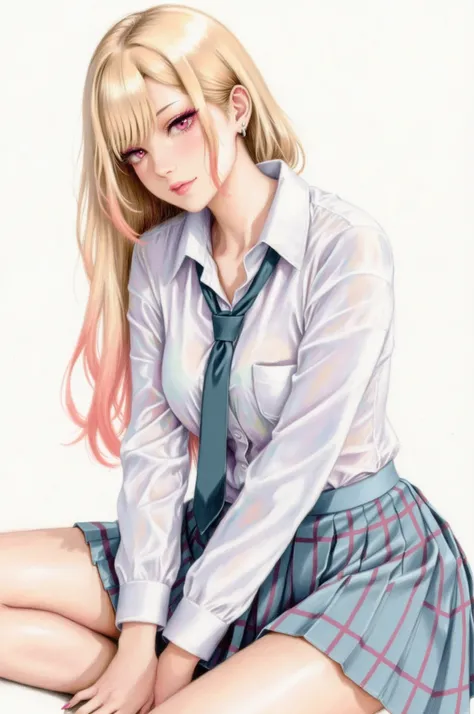 masterpiece, Highest Quality, 1 woman, marin kitagawa, uniform, white shirt, necktie, Plaid Pleated Skirt, Colored pencil drawing.