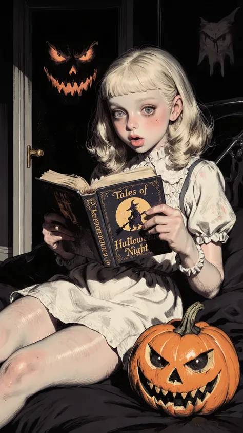 A stylish illustration,forcus girl face,dynamic angel,depicting a girl with translucent white skin. She wears platinum blonde curls and an adorable white children's nightdress. She strikes a surprised pose, holding open the cover of a book titled “Tales of...