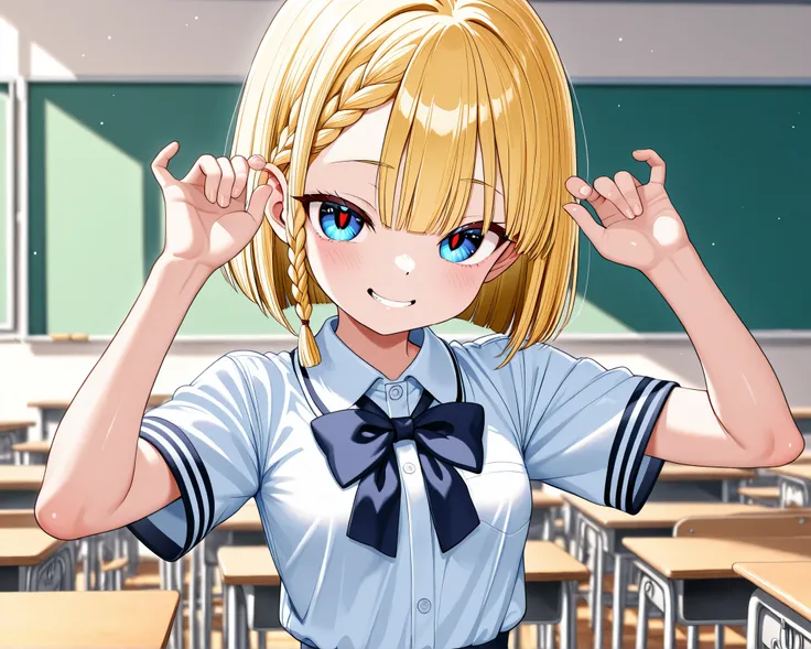 short、Petite,super small breasts、short sleeve schoolgirl uniform、Blonde、bob cut、Braided Hair、ATTRACTIVE BLUE EYES、classrooms、sharp eye、Tiga Red Tide:1.3,female kid、elementary school students、Smile Yan、Front face