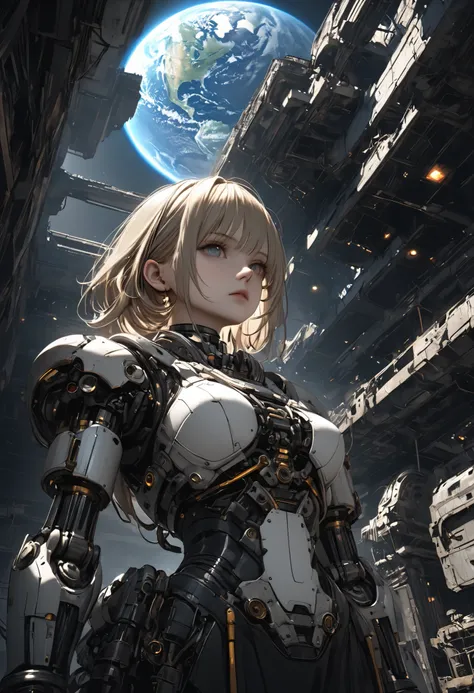 ((The Forgotten Woman Android))，((BUST SHOT))，((from below:1.2)),Abandoned Space Station,Ruins on one side，woman standing with her eyes open android,Night sky with a view of the big Earth,Blue Earth，astronauts standing up，comet,meteor、空から降り注ぐmeteor、無数のmete...
