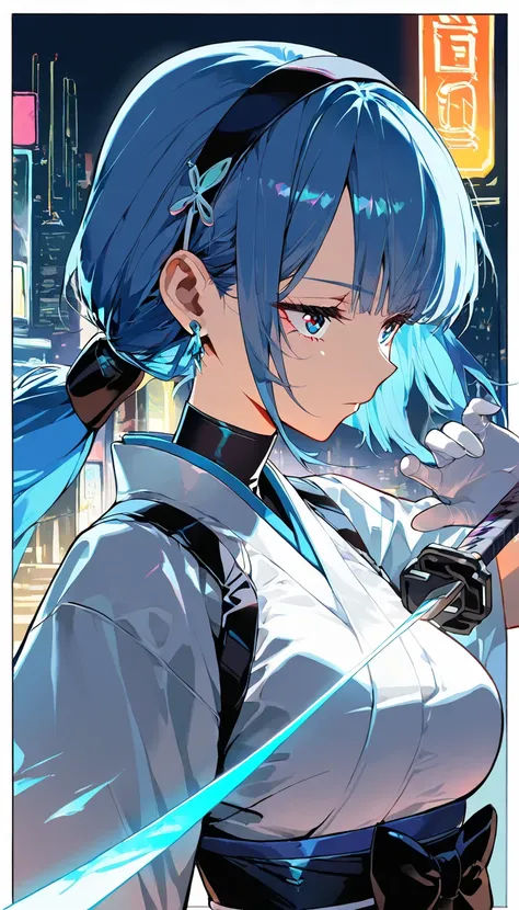 (Beautiful Girl : 1.3),One Girl ,(ARW),(White Japanese clothing,white gloves,TURTLENECK,headband,Earrings,),Blue hair,Low Ponytail,No expression,Japanese sword that shines white,Cyberpunk,Night Neon Street,Machine City,Sword attack,light particle,Dynamic Angles,masterpiece,Highest Quality,rich contrast,high image quality,8k,High Definition CG Unit Wallpaper,texture to,Unbelievably Absurd,RAW pictures,deep border 1 .2,very detailed