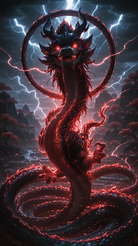 No human, solo, Chinese dragon, black shimmering scales, red glowing eyes, long serpentine body coiling through thunderclouds, lightning flashing, cinematic lighting, ultra detailed, dynamic composition, fantasy realism, 8k