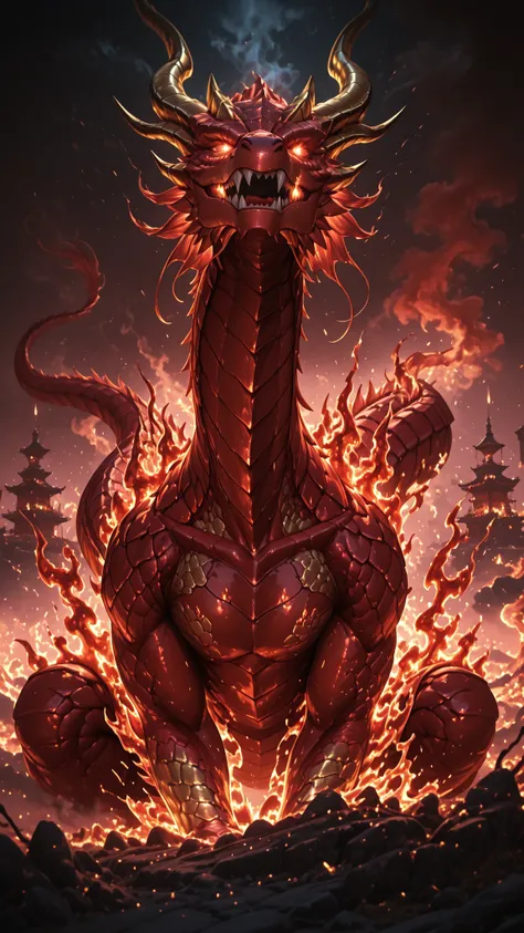 No human, solo, Chinese red dragon, surrounded by fire and molten rocks, smoke rising, golden horns, glowing eyes, blazing atmosphere, detailed scales, cinematic fantasy art, ultra HD, dramatic lighting