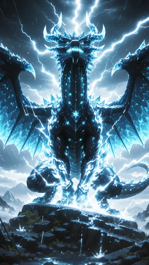 No human, solo, massive thunder dragon roaring into the storm, lightning flashing from open jaws, silver lightning-shaped horns, rain and thunderclouds surrounding, powerful wing spread, cinematic composition, ultra HD fantasy art