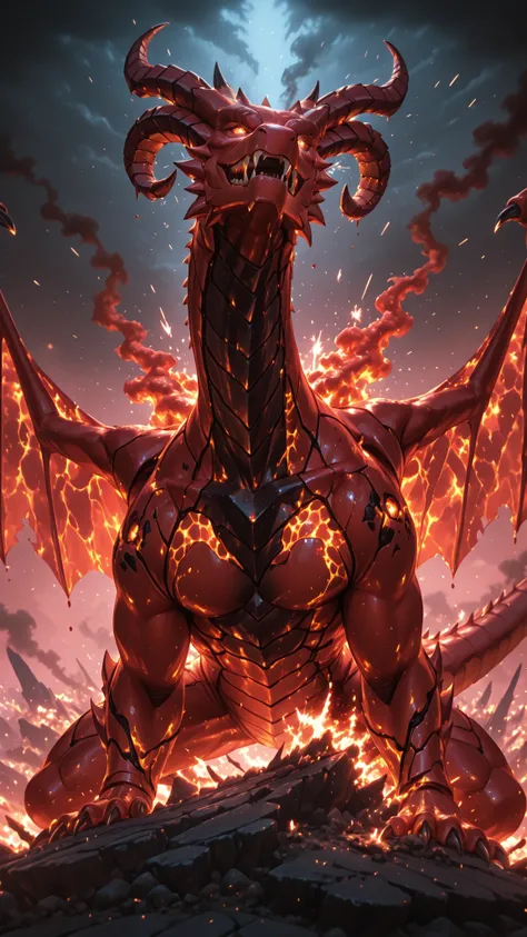 No human, solo, red dragon mid-roar, magma dripping from fangs, twisted lava-horns glowing hot, wings spread wide, surrounded by fire and smoke, sparks flying through the air, highly detailed, epic fantasy lighting, ultra realism