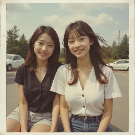 90s-style Polaroid photo 。Old and damaged sepia photo 。Japanese sitting at a skate park、25-year-old girls 。 Hair fluttering in the wind、Relaxed half-laughing expression 、Showa Japanese car can be seen in the back、Showa country town