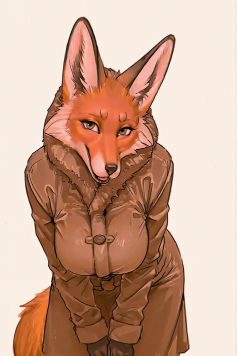 realistic, anthro, fox, orange fur, big breasts, looks at the viewer, brown sheepskin coat, leaned forward, 