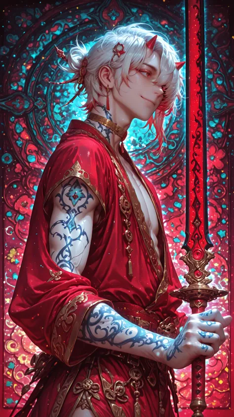 1boy, (masterpiece:2), (blue and red clothes:2), white hair, male focus, big magic sword, holding sword, standing sideways, looking to the side, (hand extended forward:1.5), (colorful background:1.5), small horns, gold trim, gold choker, (blue tattoo:1.4),...