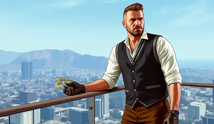 (32K, Masterpiece, Rockstar Games Style, GTA game artwork), gangster young guy, white tanned and narrow lipped, big brown eyed, combed dirty blonde high top with sides cutten, top combed back, sides cutted, brown full beard, leaning to glass railing on a b...