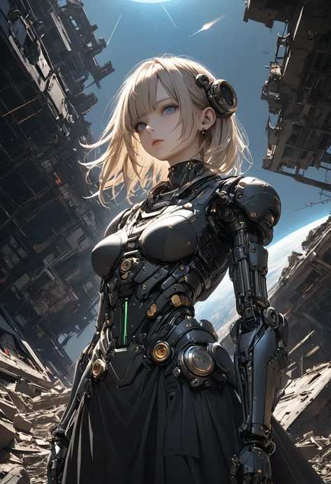 ((The Forgotten Woman Android))，((BUST SHOT))，((from below:1.2)),Abandoned Space Station,Rubble on One Side，ruins，woman standing with her eyes open android,Night sky with a view of the big Earth,Blue Earth，astronauts standing up，comet,meteor、空から降り注ぐmeteor、...