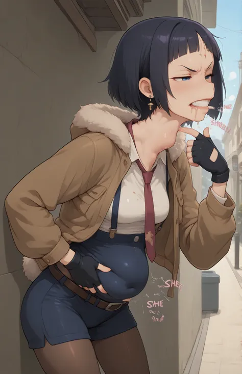 masterpiece, high quality, best quality, 
sunlit street, hunter's jacket, fur collar, blunt bangs, high shorts above navel, pantyhose, fingerless gloves, suspenders, necktie, sling, earrings,
long neck, visible forehead, clean forehead, freckles, moles, de...