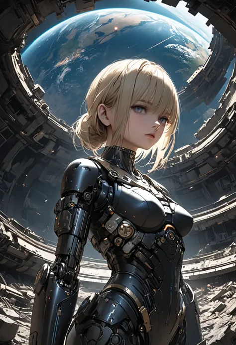 ((The Forgotten Woman Android))，((BUST SHOT))，((from below:1.2)),Abandoned Space Station,Rubble on One Side，ruins，woman standing with her eyes open android,Night sky with a view of the big Earth,Blue Earth，astronauts standing up，comet,meteor、空から降り注ぐmeteor、...