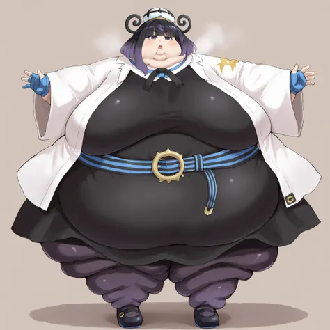 gwynn, gwynn \(pokemon\), gradient hair, black hair, purple hair, short hair, asymmetrical sidelocks, bob cut, purple eyes, aged up
hat, character hat, white headwear, neck ribbon, black ribbon, open coat, white coat, long sleeves, wide sleeves, blue glove...