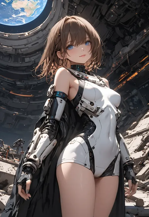 ((The Forgotten Woman Android))，((cowboy shot))，((from below:1.2)),Abandoned Space Station,Rubble on One Side，ruins，woman standing with her eyes open android,Night sky with a view of the big Earth,Blue Earth，astronauts standing up，sad expression，Brilliant ...