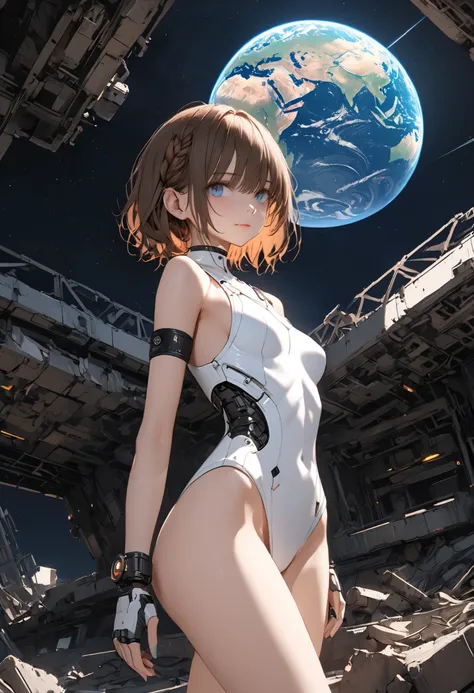 ((The Forgotten Woman Android))，((cowboy shot))，((from below:1.2)),pretty girl android，Abandoned Space Station,Rubble on One Side，ruins，woman standing with her eyes open android,Night sky with a view of the big Earth,Blue Earth，astronauts standing up，sad e...