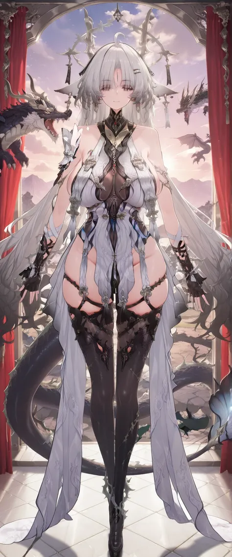 Fullbody, head to toe, score_9, score_8_up, score_7_up, source_anime, highly detailed figure,ohwx, 1girl, solo, black_hair, breasts, pink eyes, hair_ornament, large_breasts, long_hair, honkai dress style, cow ponty ears, hairclip, jewelry, earrings, ribbon...