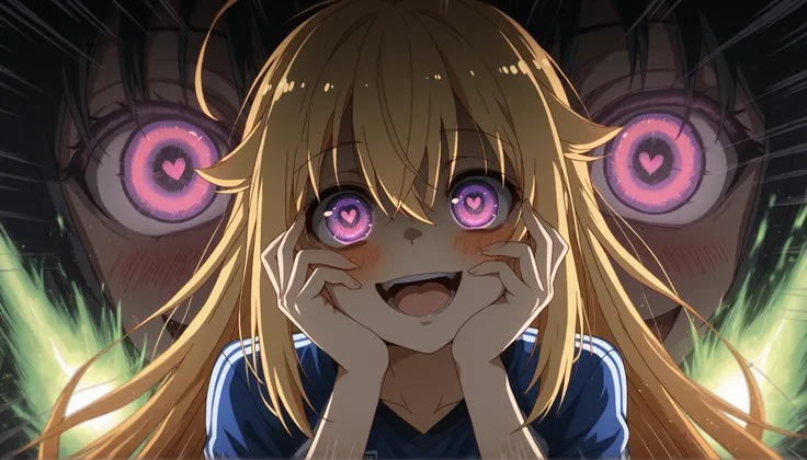 torako koshi, long hair, bangs, blonde hair, hair between eyes, very long hair, purple eyes, ahoge, sidelocks, hair flapsskirt, wearing his white soccer jersey, yandere trance, yandere, hands on own cheeks, hands on own face, crazy eyes, crazy smile, crazy...