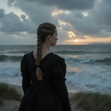 ((Breathtaking ultra sharp ultra realistic cinematic photo, backview, 17th century scene)) of a ((((slim young fullbreasted beautiful Frisian woman seen from behind, wearing a 17th century traditional Frisian black widow's dress, her hair is artfully braid...