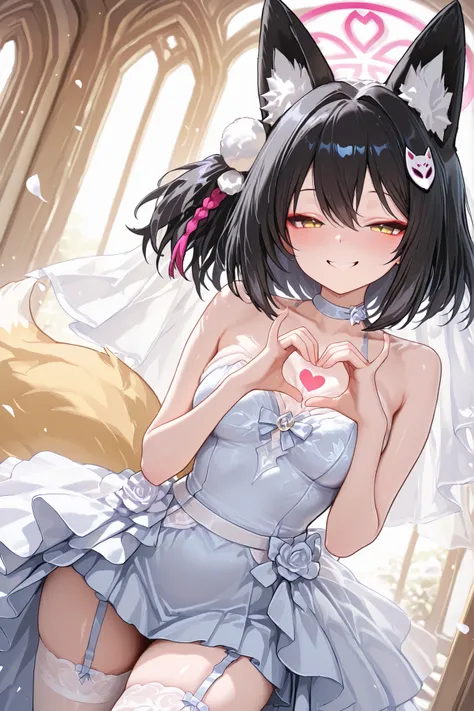 izuna kuda, yellow eyes, black hair, animal ears, animal ear fluff,yellow tail,medium hair, fox ears, halo,one side up,light blue wedding dress,Short skirt,Hair ornaments,In the chapel,Beautiful smile,Half-closed eyes,garter belt,1girl,white thighhighs, he...
