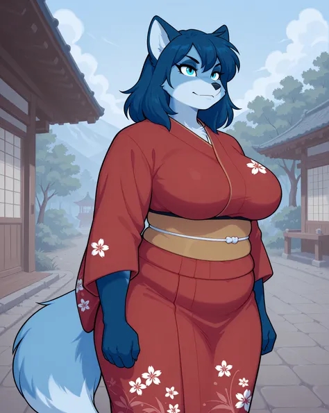 score_9, score_8_up, score_8, furry, solo, fox, chubby, obese, (fox ear), ((blue fur)), blue hair, furry female anthro, ((serious)), smile, medium breasts, huge breasts, ((red kimono)), ((standing)), in the great outdoors, detailed background, fox tail, bl...