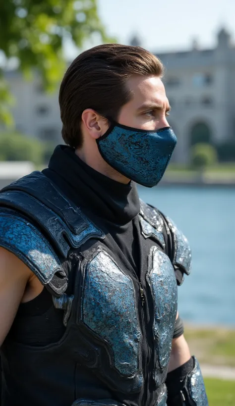 Ultra-realistic 8K cinematic portrait of Jake Gyllenhaal reimagined as Sub-Zero from Mortal Kombat, upper body close-up.
He wears a detailed black and metallic-blue armor with cold reflections, layered textures of carbon steel and frost-like patterns glowi...
