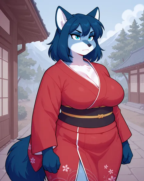 score_9, score_8_up, score_8, furry, solo, fox, chubby, obese, (fox ear), ((blue fur)), blue hair, furry female anthro, ((serious)), smile, medium breasts, huge breasts, ((red kimono)), ((standing)), in the great outdoors, detailed background, fox tail, bl...