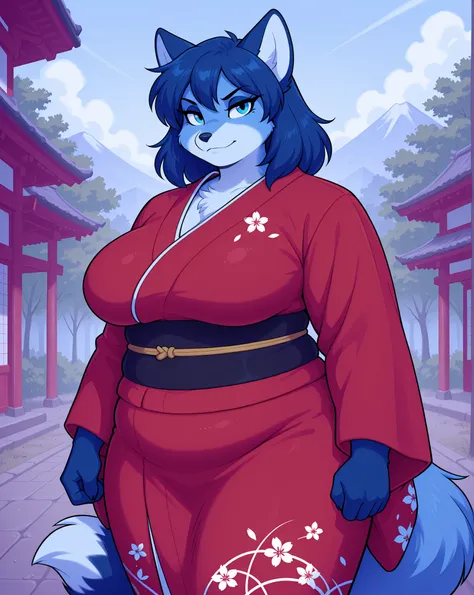 score_9, score_8_up, score_8, furry, solo, fox, chubby, obese, (fox ear), ((blue fur)), blue hair, furry female anthro, ((serious)), smile, medium breasts, huge breasts, ((red kimono)), ((standing)), in the great outdoors, detailed background, fox tail, bl...