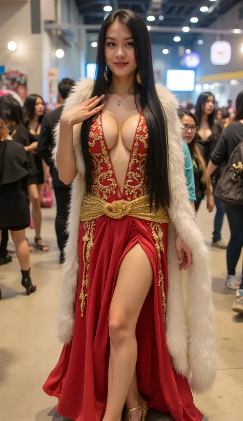 "A stunning and regal young woman confidently walks through a bright indoor public space, dressed in a highly detailed and sexy Boa Hancock cosplay from One Piece. She wears a revealing, elegant red and gold dress with a deep plunging neckline, high slits ...