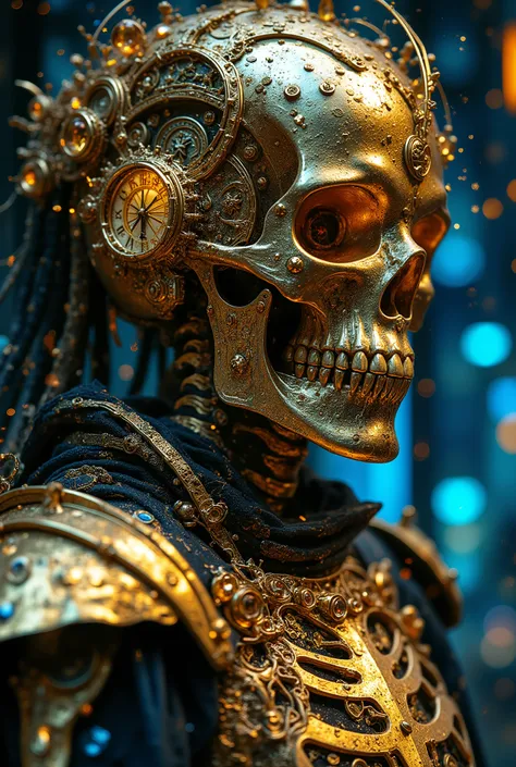 A golden skeleton wearing intricate steampunk armor, surrounded by an aura of time and technology. The background is a dark cityscape with futuristic buildings and holographic effects. In the style of classic photography techniques, with detailed textures ...