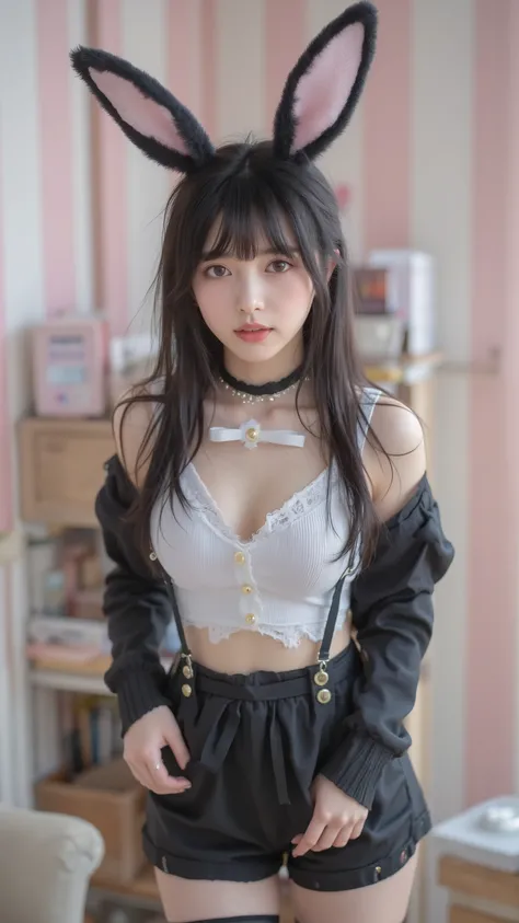 JP,JP1,,JPp,,Sliding Areolas,JP,JP,(masterpiece, Highest Quality:1.2), 1girl, solo,young woman with long black hair and bangs, is wearing a black and white bunny costume、with a bow tie and buttons, Paired with lace stockings、A room with vertical pink and w...