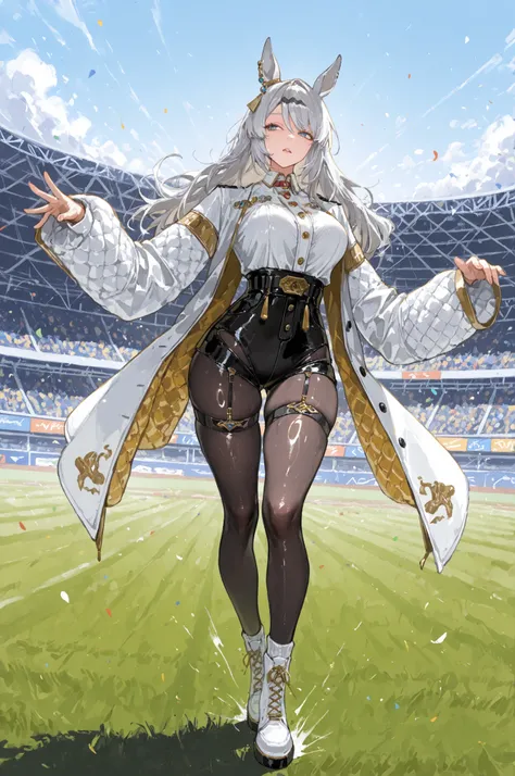 racecourse、Racecourse、Uma Musume、horse ear、Jirio Mahonoko、 A sophisticated eye 、Full Body、GBF_style、748cm style、32K、semi-realistic、 super detailed description on the front 、art work、Original Work、 Detailed Color、 detailed eyes、 detailed face 、Detailed Eye...