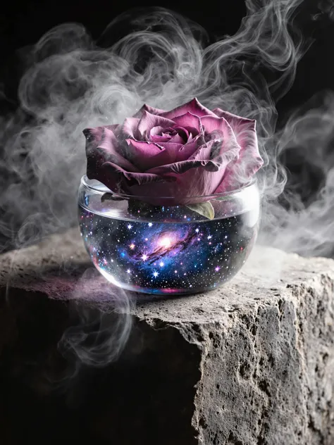 (macro photography:1.4), a surreal still life of a glass rose filled with swirling galaxy and tiny stars, on a (textured ancient stone slab:1.2), (dramatic chiaroscuro lighting:1.3), (hyperdetailed, intricate, 8k:1.2), (photorealistic, focus stacking:1.2),...